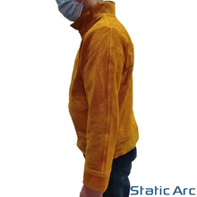 Load image into Gallery viewer, LEATHER WELDING JACKET COW SPLIT HEAT RESISTANT SPATTER WELDERS COAT PPE TAN YELLOW