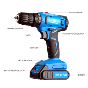 CORDLESS DRILL DRIVER 20V LI-ION BATTERY ELECTRIC SCREWDRIVER SET POWER TOOL KIT