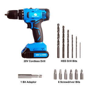 CORDLESS DRILL DRIVER 20V LI-ION BATTERY ELECTRIC SCREWDRIVER SET POWER TOOL KIT